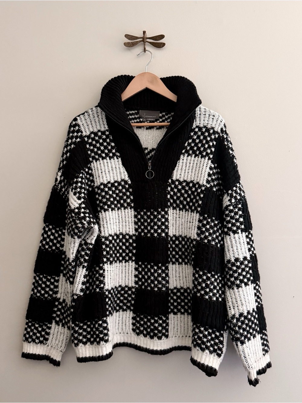 Anthropologie Slouchy Oversized Checkered Quarter Zip Sweater womens Small